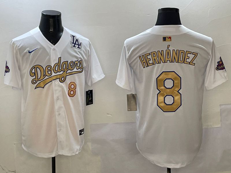 Men Los Angeles Dodgers 8 Hernandez White Champion gold character 2025 Nike MLB Jersey style 5